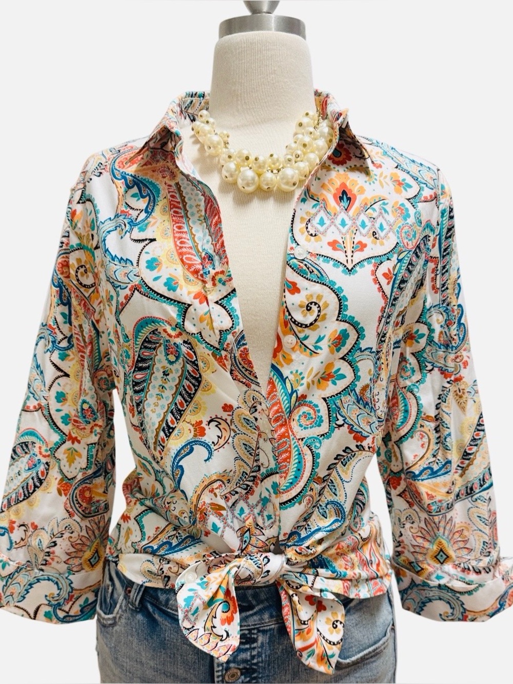 Women’s Paisley Tie-Front Button-Down Shirt - White Multi